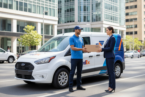 Transit van driver handing a package to a business professional - Ziggy Zion Transport courier service