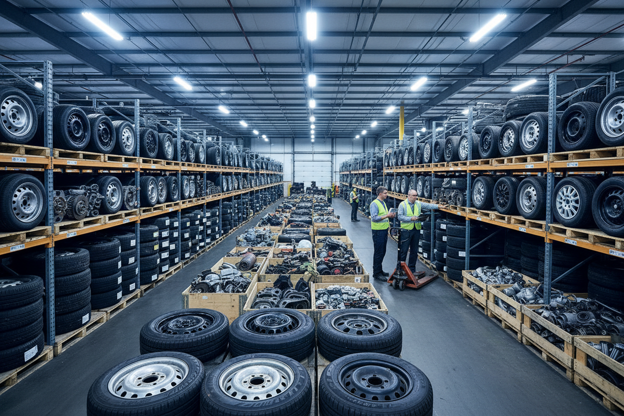 Warehouse floor with pallets of mixed tires, wheels and auto parts - Ziggy Zion Transport liquidation inventory