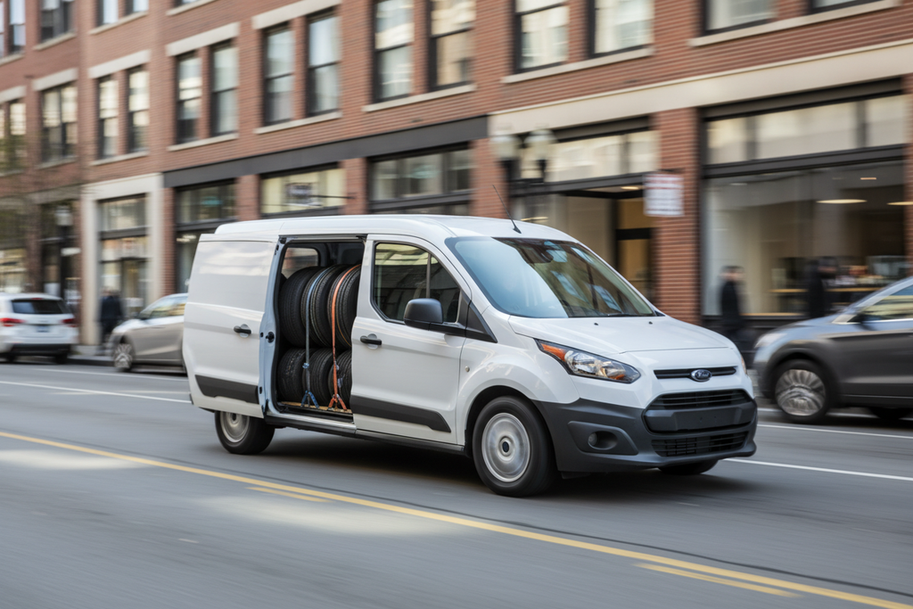 Transit van speeding through city streets delivering tires - Ziggy Zion Transport hot shot delivery service