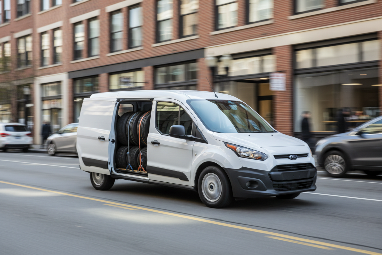Transit van speeding through city streets delivering tires - Ziggy Zion Transport hot shot delivery service