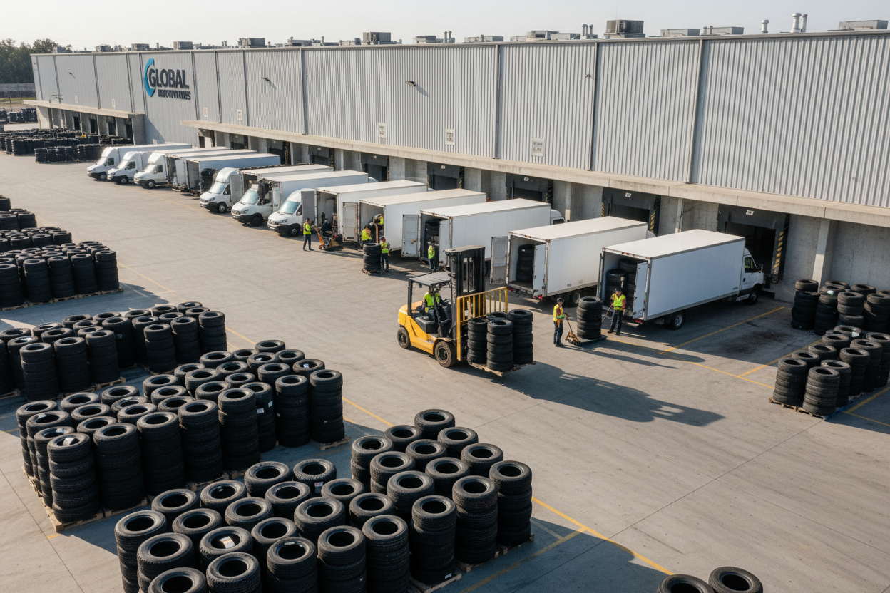 Multiple cargo vans and box trucks loaded with stacked tires at a warehouse dock - Ziggy Zion Transport bulk delivery service