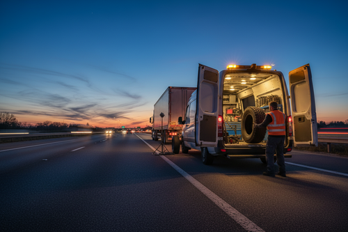 Cargo van with hazard lights assisting a commercial truck on the highway - Ziggy Zion Transport emergency roadside tire service